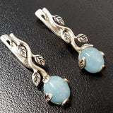 Genuine Aquamarine Earrings - Blue Drop Earrings - Silver Leaf Earrings