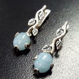 Genuine Aquamarine Earrings - Blue Drop Earrings - Silver Leaf Earrings