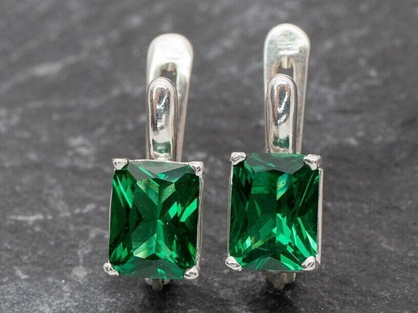 Created Emerald Earrings in 925 Sterling Silver, featuring prong-set May Birthstone, perfect for everyday wear and gifting.