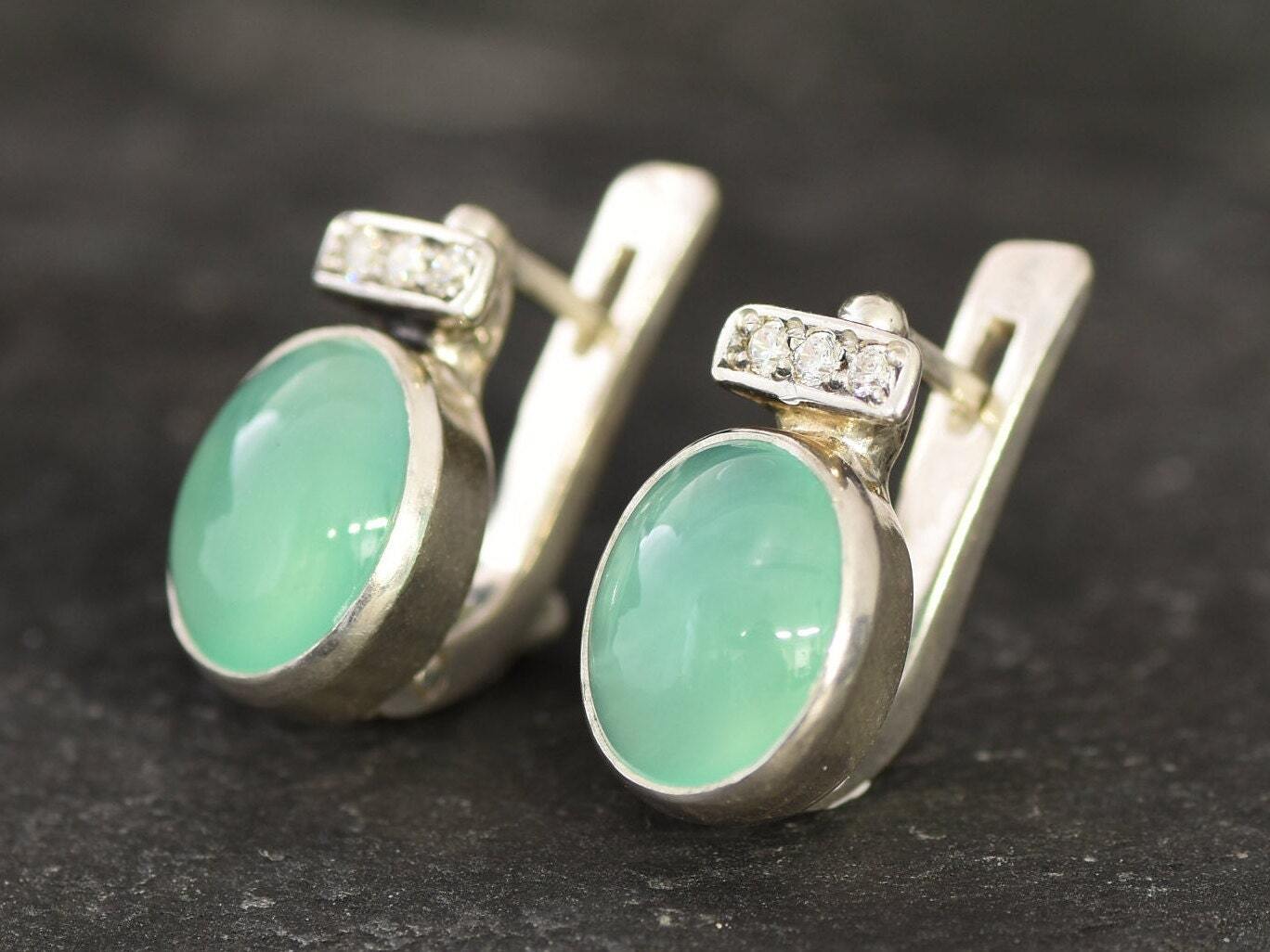 Chrysoprase Earrings, Green Studs, Natural Chrysoprase, Oval Earrings, Stud Earrings, Vintage Studs, Gift For Her, Green Earrings, Trendy