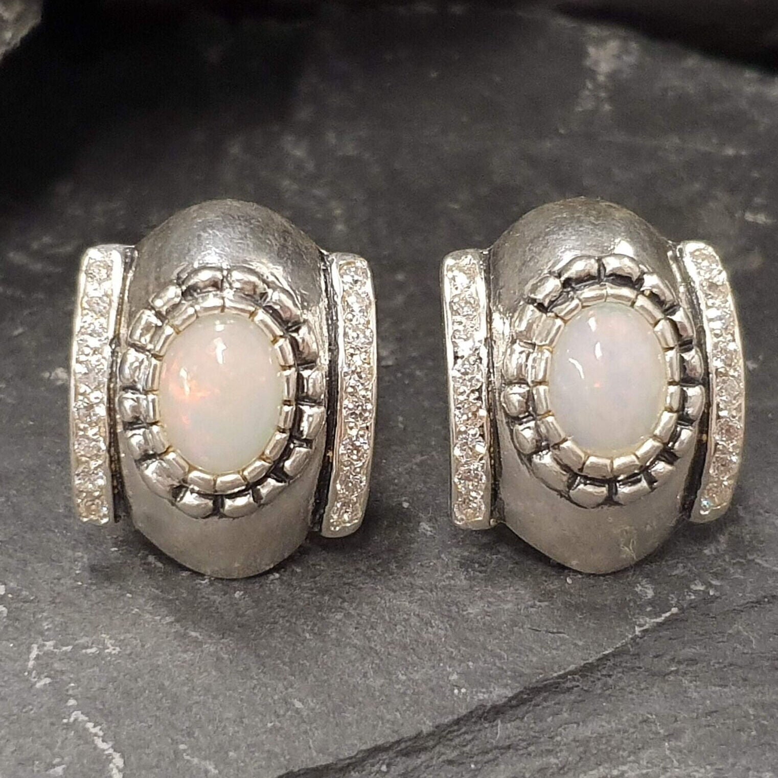 Fire Opal Earrings, Natural Australian Opal, Vintage Earrings, October Birthstone, Statement Studs, Chunky Earrings, Solid Silver Earrings