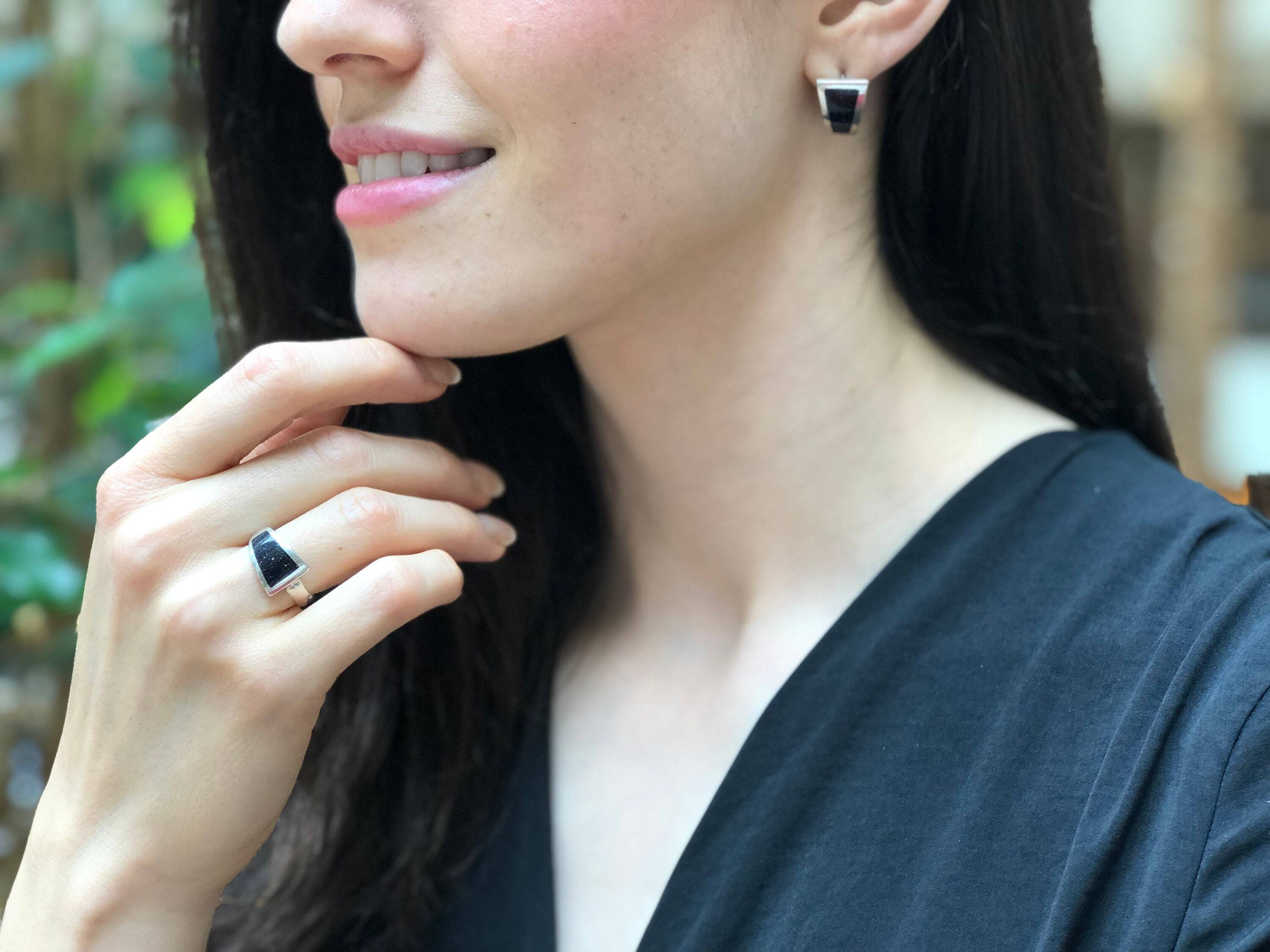 Sandstone Ring, Natural Sandstone, Asymmetric Ring, Dark Blue Band, Sparkly Ring, Wide Band, Black Ring, Artistic Ring, Solid Silver Ring