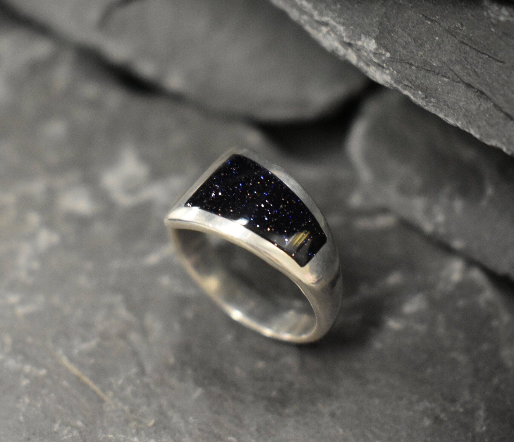 Sandstone Ring, Natural Sandstone, Asymmetric Ring, Dark Blue Band, Sparkly Ring, Wide Band, Black Ring, Artistic Ring, Solid Silver Ring