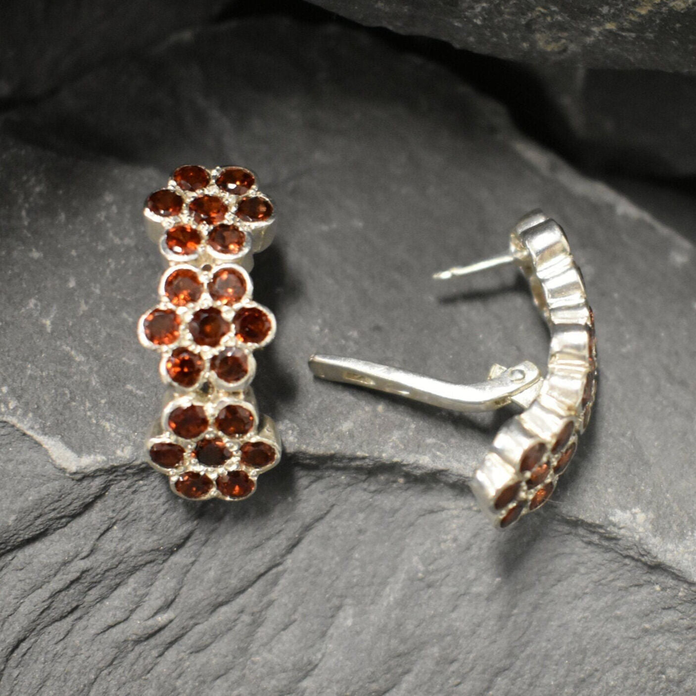Garnet Earrings, Flower Earrings, Natural Garnet, Vintage Earrings, Long Stud Earrings, Red Earrings, January Birthstone, Silver Earrings