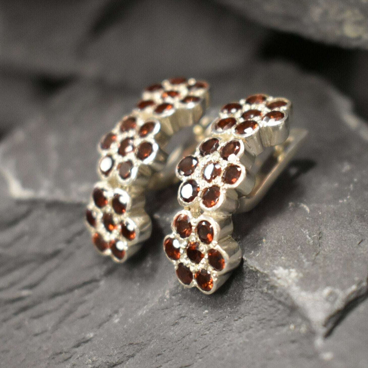 Garnet Earrings, Flower Earrings, Natural Garnet, Vintage Earrings, Long Stud Earrings, Red Earrings, January Birthstone, Silver Earrings