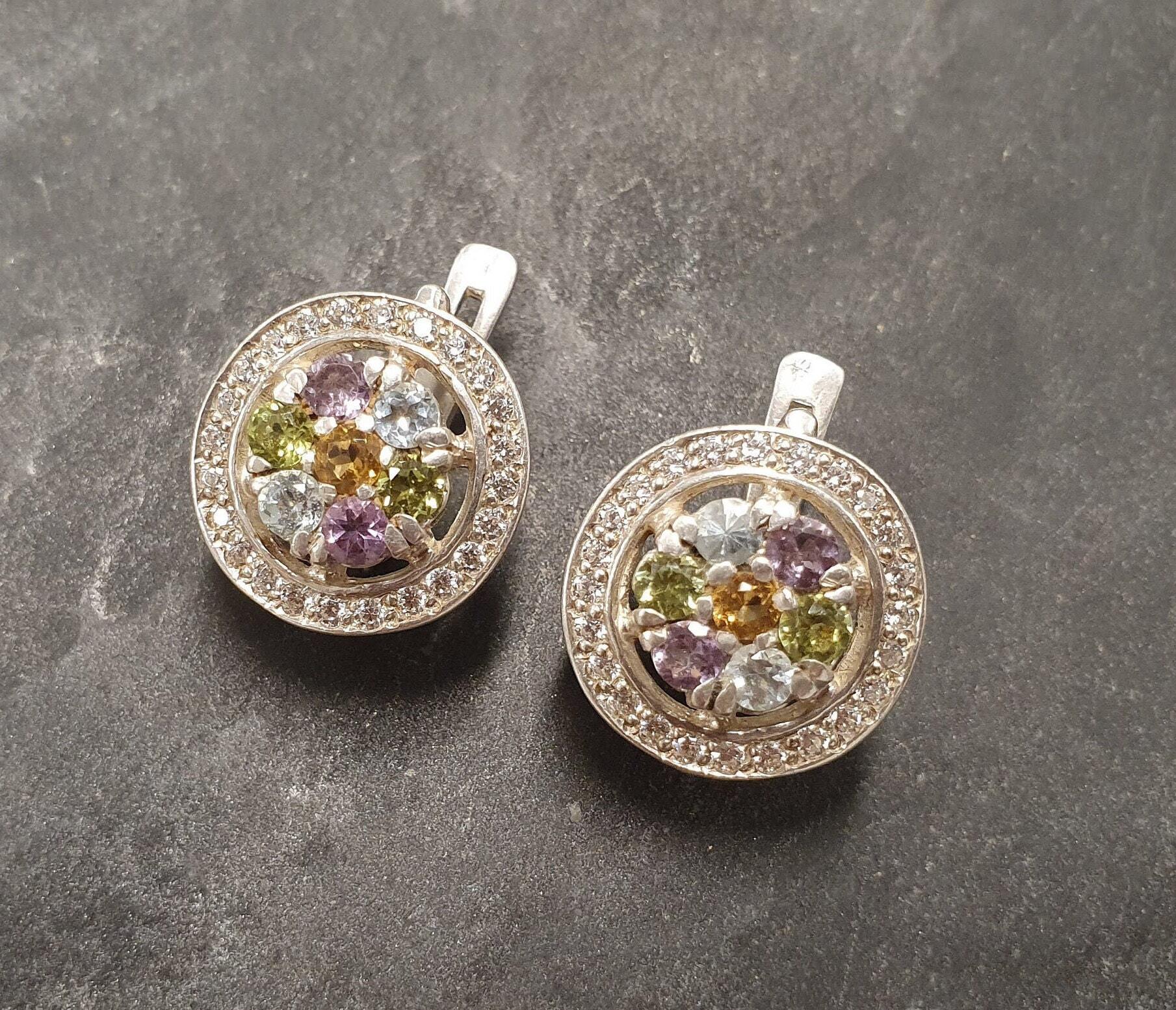 Flower Earrings, Topaz Earrings, Natural Topaz, Birthstone Earrings, Cluster Earrings, Vintage Earrings, Topaz Gem Earrings, Silver Earrings