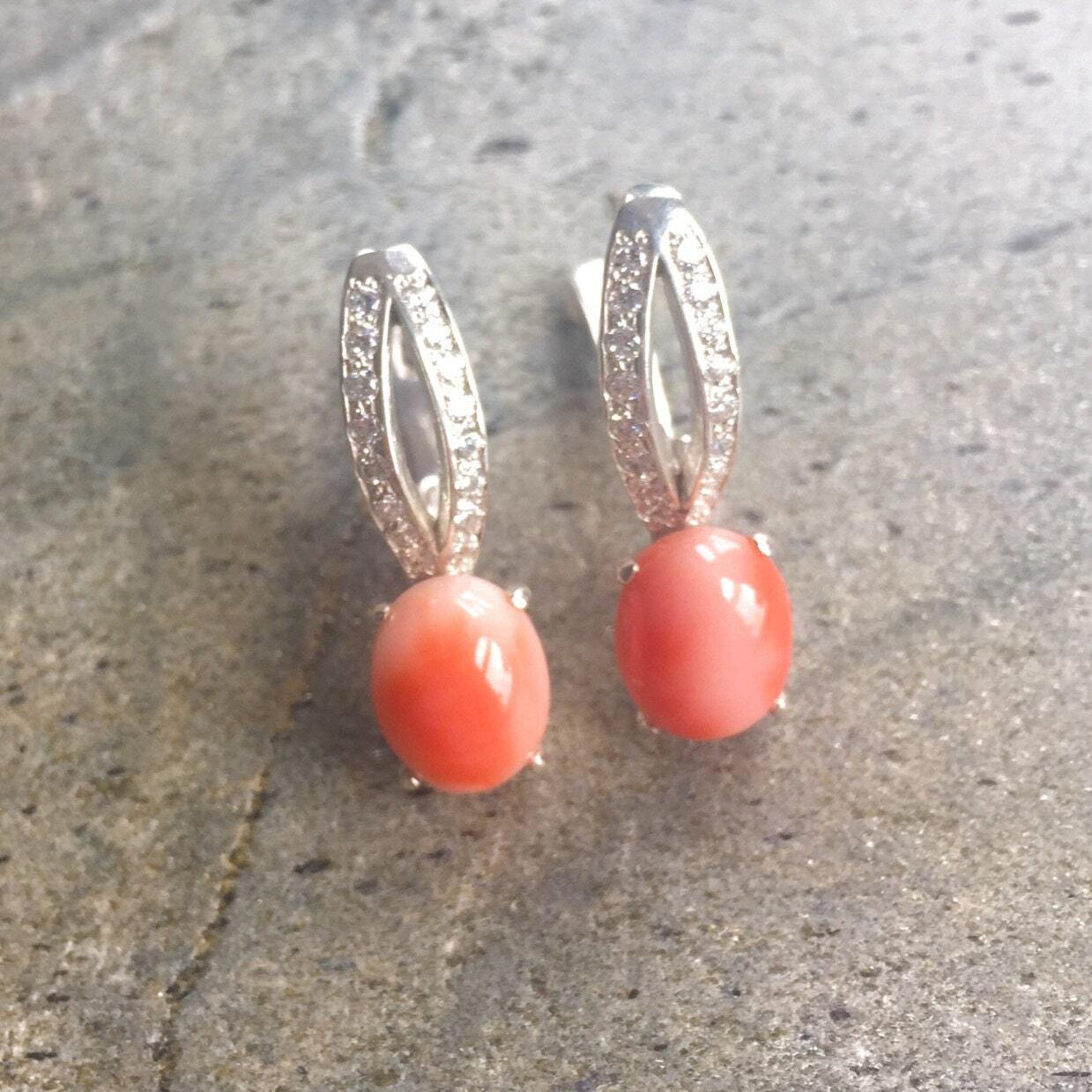 Coral Earrings, Natural Coral, Angel Skin Coral, Solid Silver Earrings, Italian Coral, Pure Silver, Natural Stone, Sterling Silver