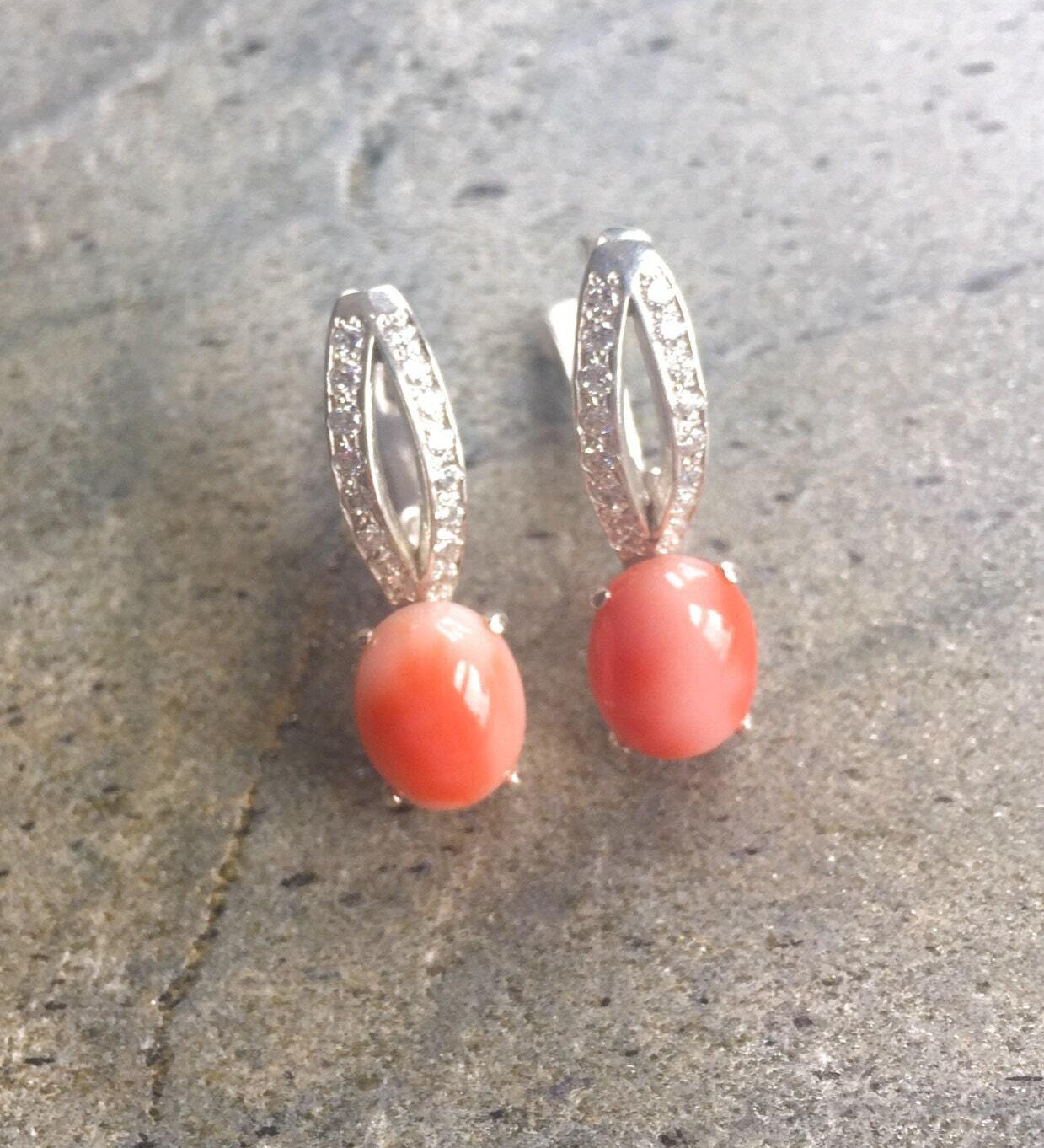 Coral Earrings, Natural Coral, Angel Skin Coral, Solid Silver Earrings, Italian Coral, Pure Silver, Natural Stone, Sterling Silver