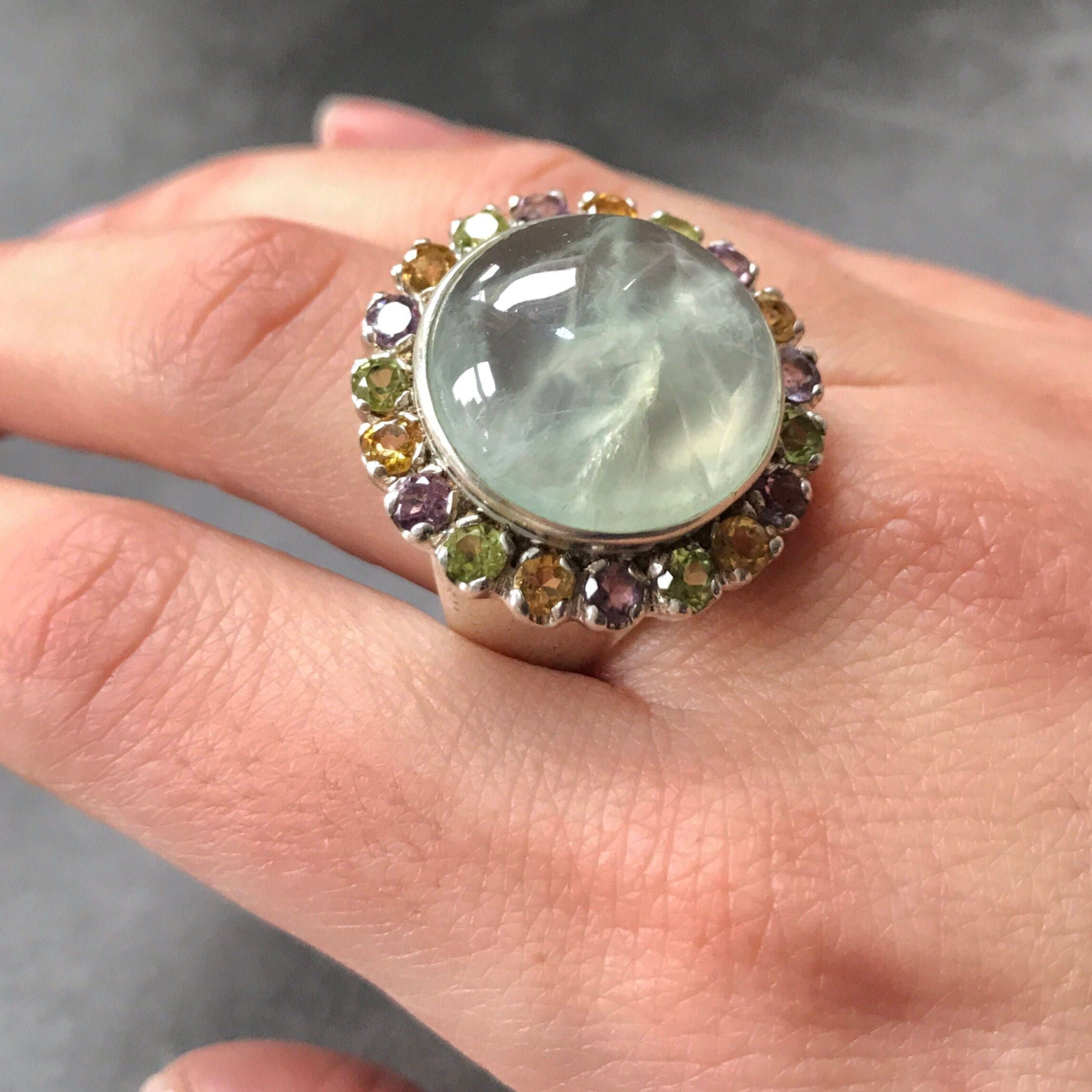 Prehnite Ring, Natural Prehnite, May Birthstone Ring, Large Ring, Big Prehnite, Healing Stones, Topaz Ring, Vintage Rings, Solid Silver Ring