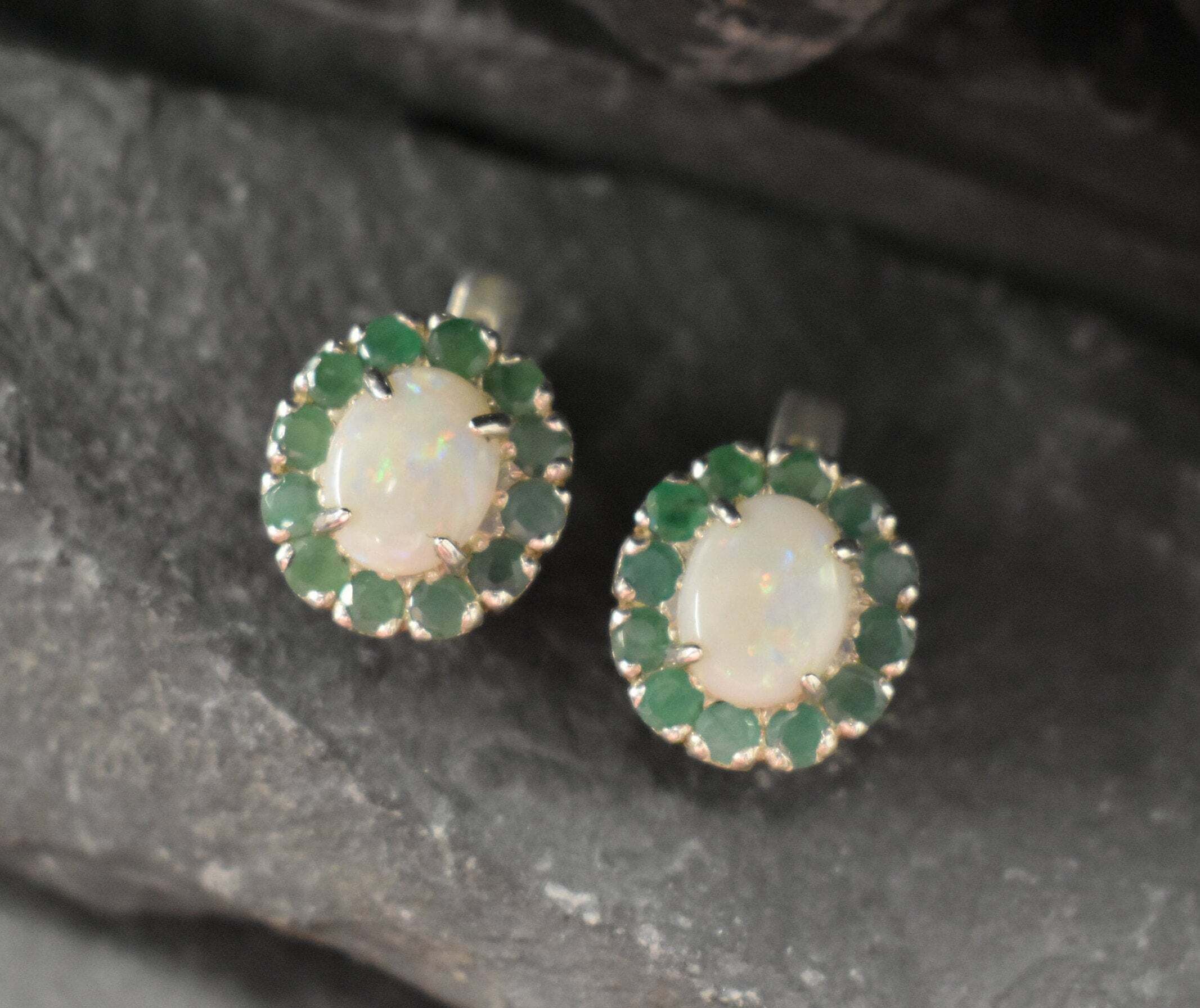 Opal Earrings, Natural Opal Earrings, Emerald Earrings, Australian Opal, Victorian Earrings, October Birthstone, 925 Silver Earrings, Opal