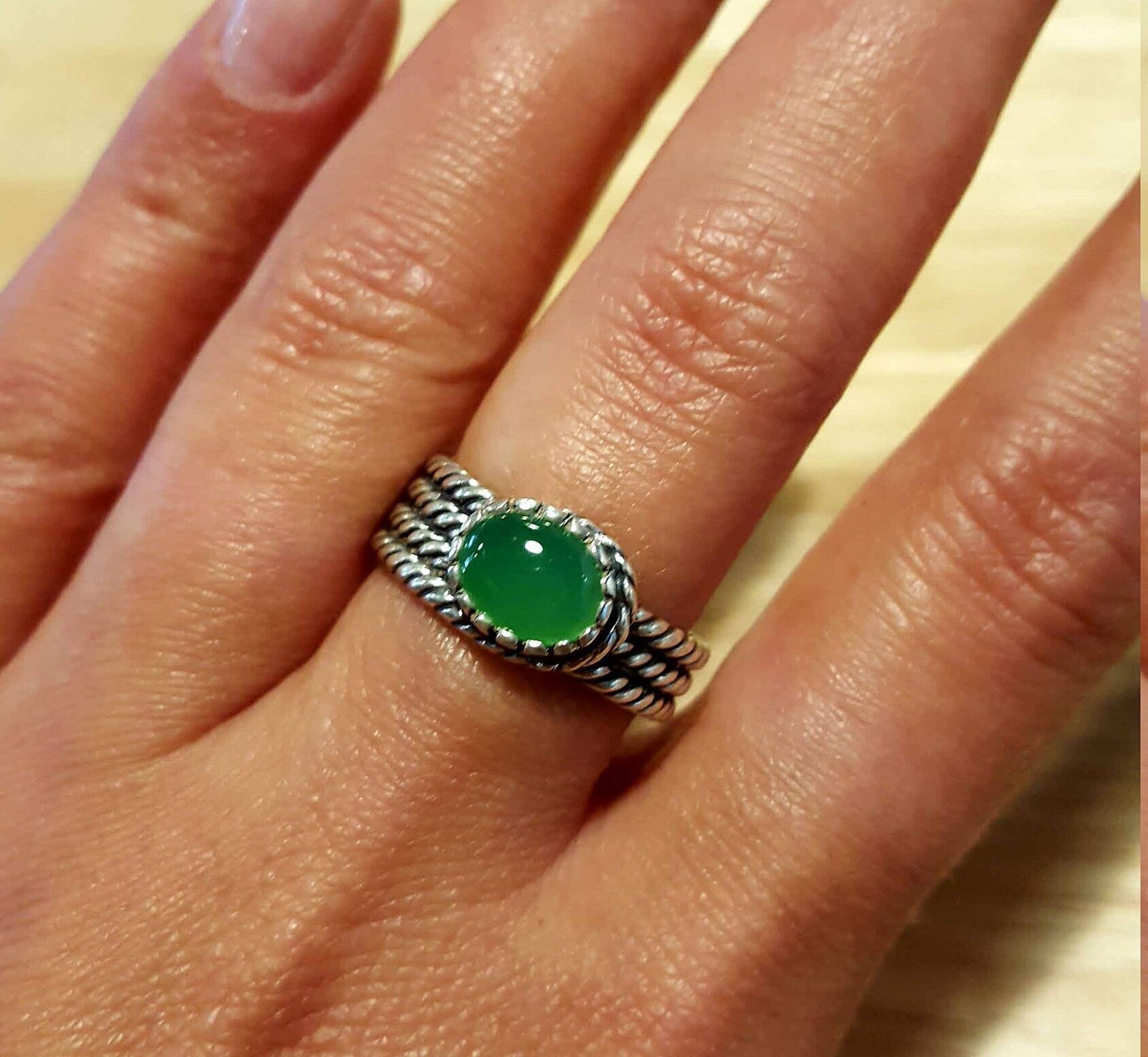Silver Rope Ring, Chrysoprase Ring, Natural Chrysoprase, May Birthstone, Thick Silver Ring, Vintage Rings, Solid Silver Ring, Chrysoprase
