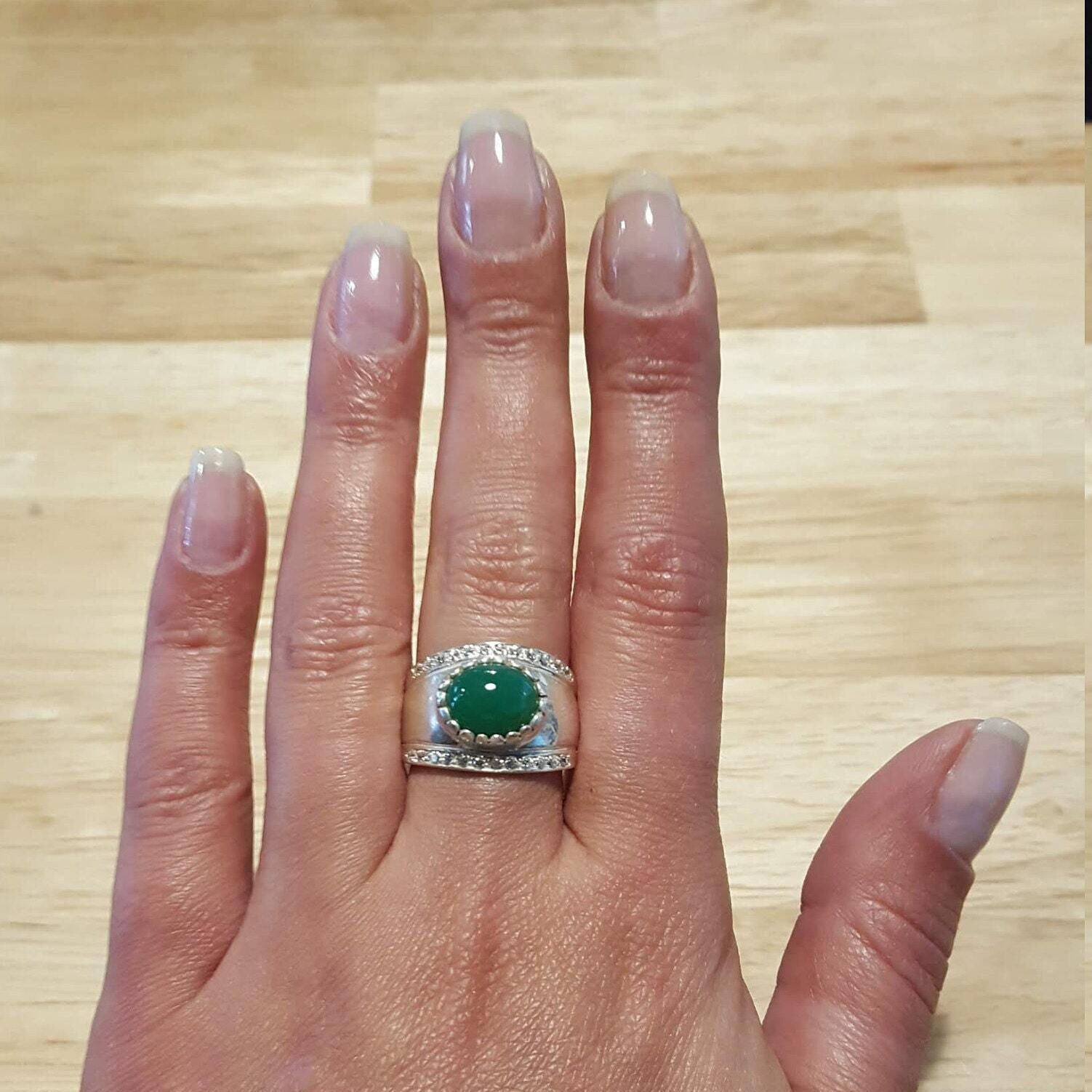 Green Bezel Ring, Chrysoprase Ring, Natural Chrysoprase, May Birthstone, Bezel Ring, Vintage Ring, Silver Ring, Wide Ring, Chrysoprase