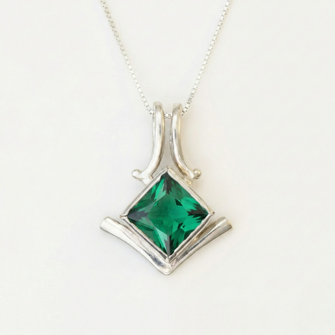 Created Emerald Pendant made in 925 Sterling Silver with Square Created Green Emerald in Bezel setting, May Birthstone gift idea, symbolizes, ideal for everyday wear and perfect for birthday gifting and special occasions.