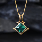 Gold Emerald Pendant - Green Emerald Necklace, Gold Princess Cut Pendant