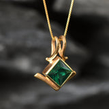 Gold Emerald Pendant - Green Emerald Necklace, Gold Princess Cut Pendant