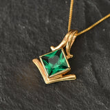 Gold Emerald Pendant - Green Emerald Necklace, Gold Princess Cut Pendant