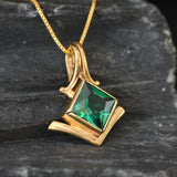 Gold Emerald Pendant - Green Emerald Necklace, Gold Princess Cut Pendant