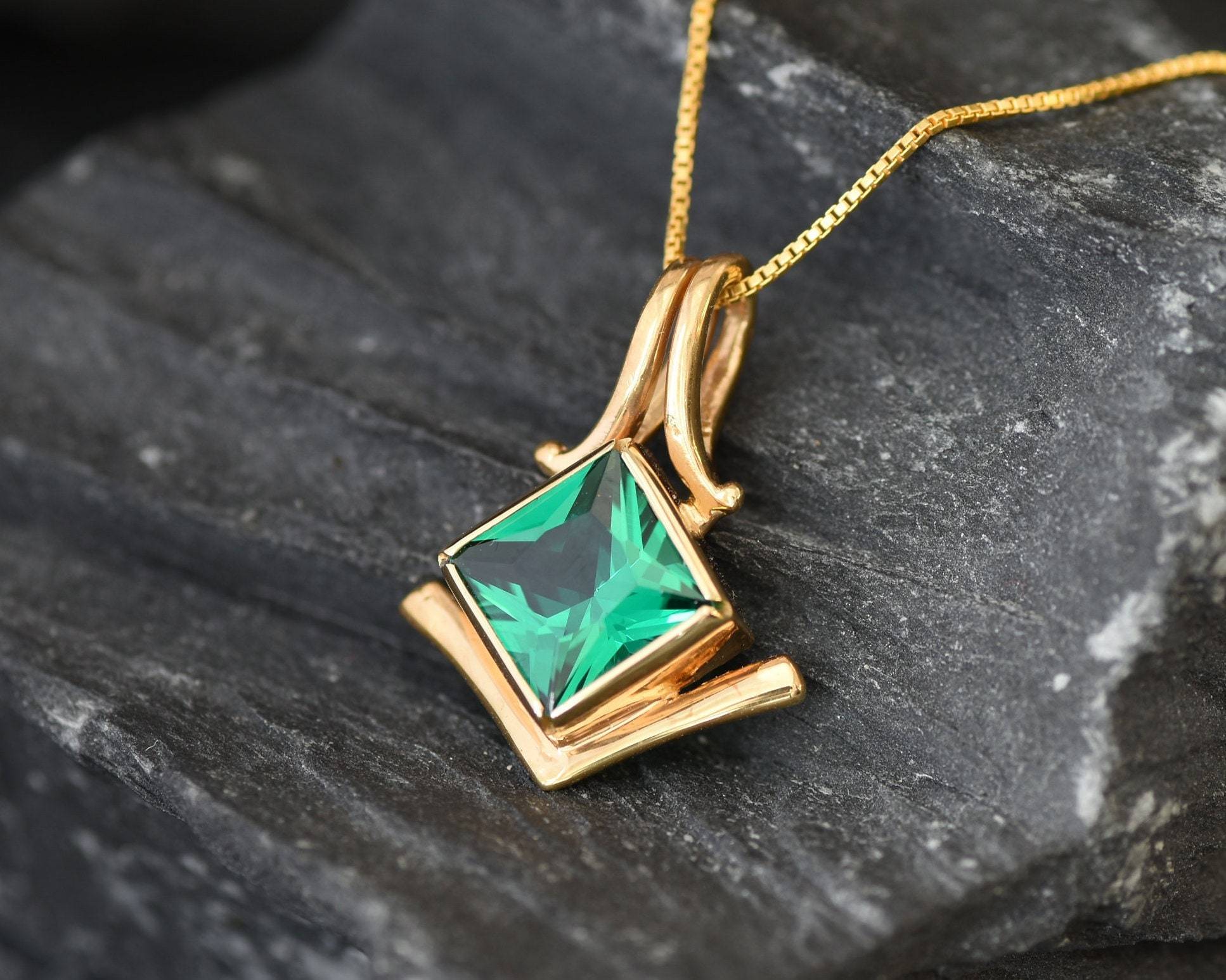 18k Gold Vermeil Emerald Pendant featuring a Square Created Green Emerald, perfect for May birthdays and everyday elegance.