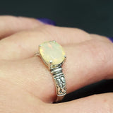 Fire Opal Solitaire Ring - Vintage Style Silver Opal Band - Real Opal Tribal Band
