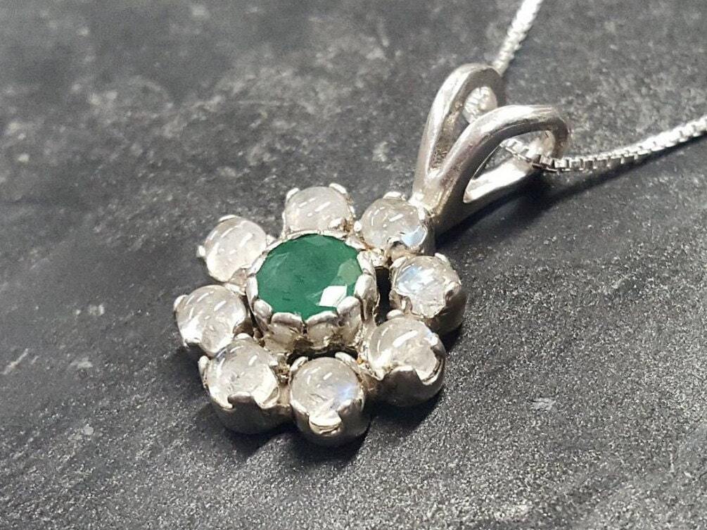 Flower Pendant, Emerald Pendant, Natural Emerald, May Birthstone, Vintage Flower Pendant, Moonstone Pendant, May Pendant, 925 Silver Pendant