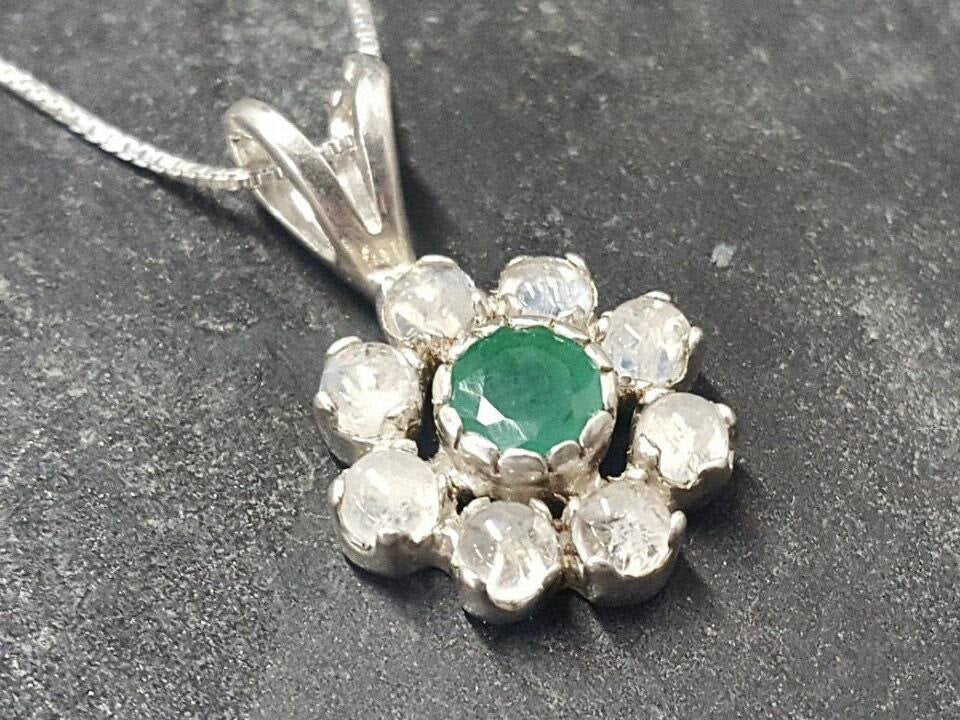 Flower Pendant, Emerald Pendant, Natural Emerald, May Birthstone, Vintage Flower Pendant, Moonstone Pendant, May Pendant, 925 Silver Pendant