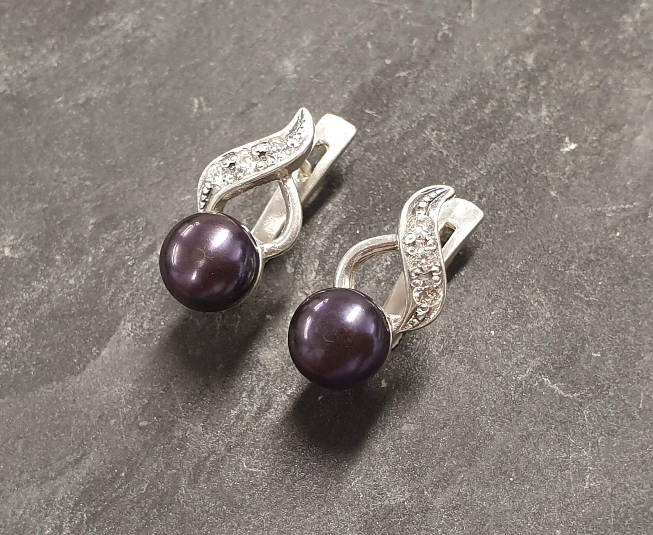 Pearl Earrings, Black Pearl Earrings, Natural Pearl, Vintage Earrings, Birthstone Earrings, June Birthstone, Black Earrings, Silver Earrings