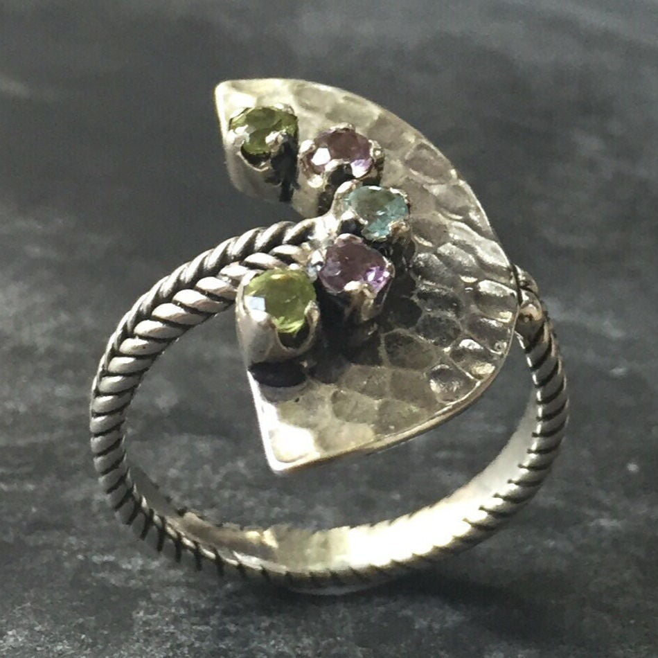 Tribal Ring, Topaz Ring, Birthstone Ring, Peridot Ring, Blue Topaz Ring, Amethyst Ring, Half Moon Ring, Solid Silver Ring, Multistone Ring