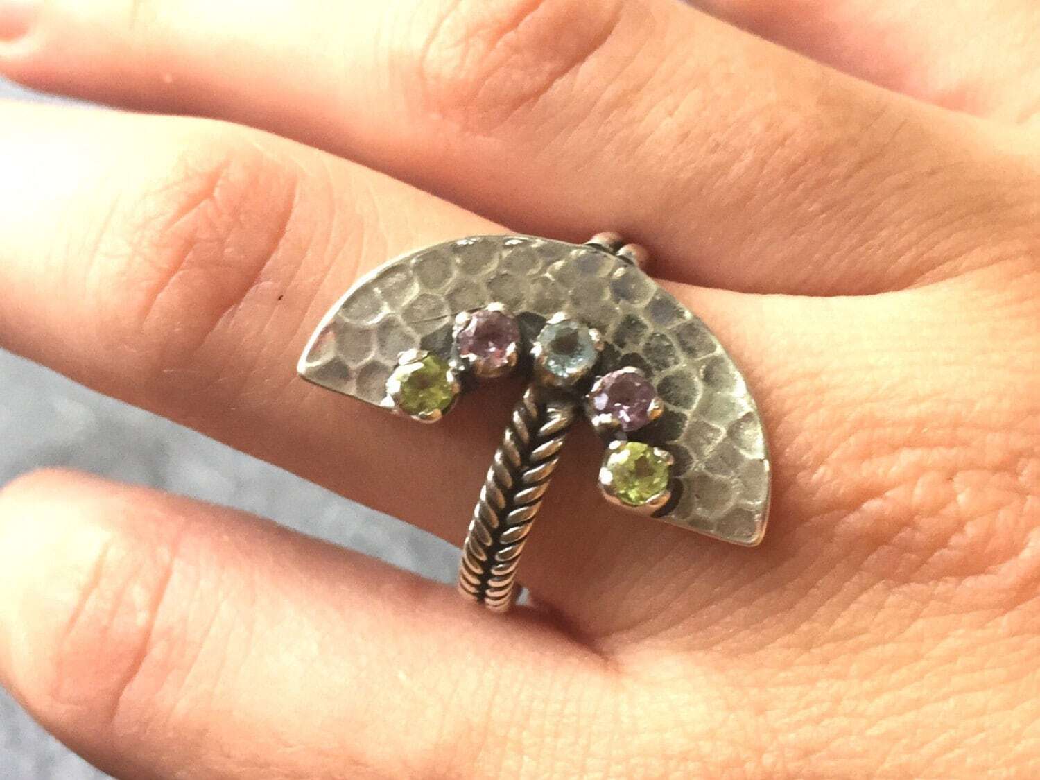 Tribal Ring, Topaz Ring, Birthstone Ring, Peridot Ring, Blue Topaz Ring, Amethyst Ring, Half Moon Ring, Solid Silver Ring, Multistone Ring