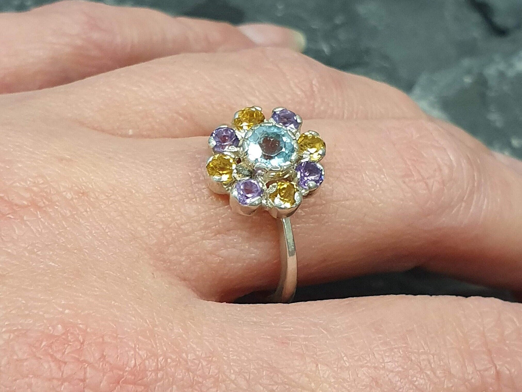 Flower Ring, Blue Topaz Ring, Natural Topaz Ring, Vintage Rings, Amethyst Ring, Citrine Ring, Birthstones Ring, Solid Silver Ring, Topaz