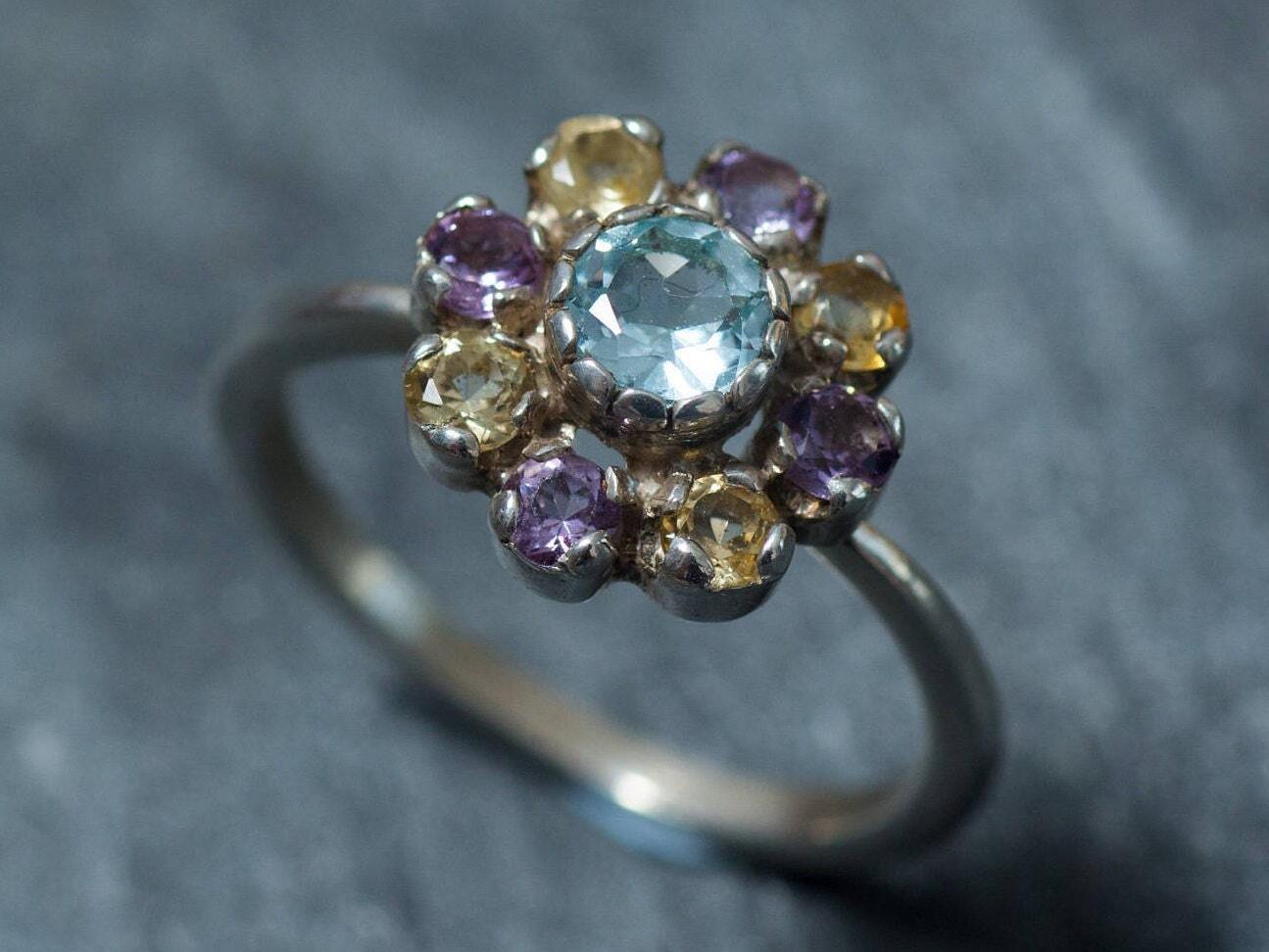 Flower Ring, Blue Topaz Ring, Natural Topaz Ring, Vintage Rings, Amethyst Ring, Citrine Ring, Birthstones Ring, Solid Silver Ring, Topaz
