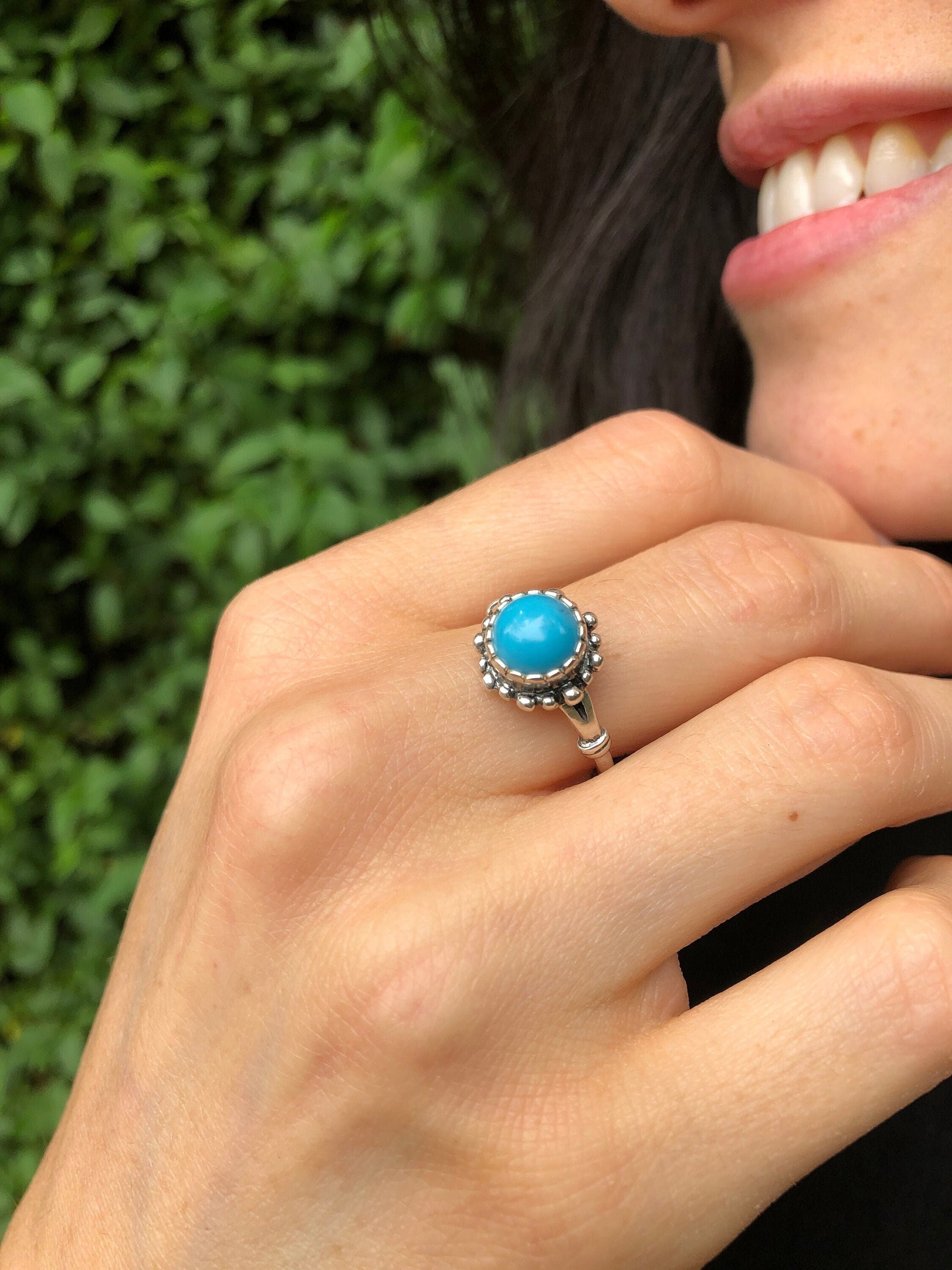 Turquoise Ring, Natural Arizona Turquoise, Blue Vintage Ring, Flower Ring, December Birthstone, Bohemian Ring, Round Ring, Solid Silver Ring