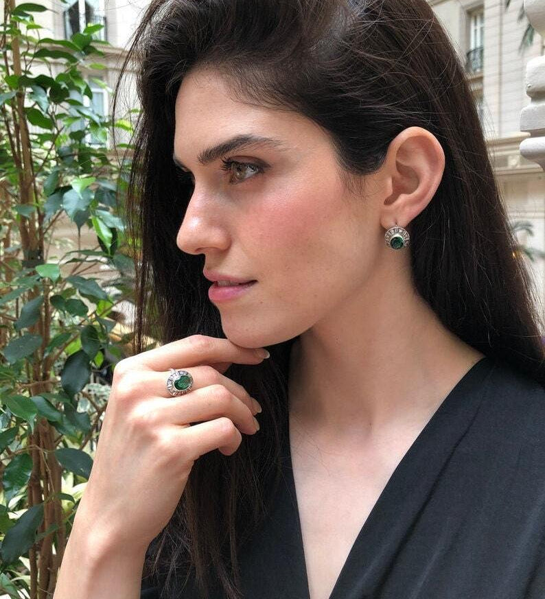 Chrysoprase Earrings, Natural Chrysoprase, Bohemian Earrings, Large Oval Studs, Green Boho Earrings,Vintage Earrings,Gift for Her,Green Stud