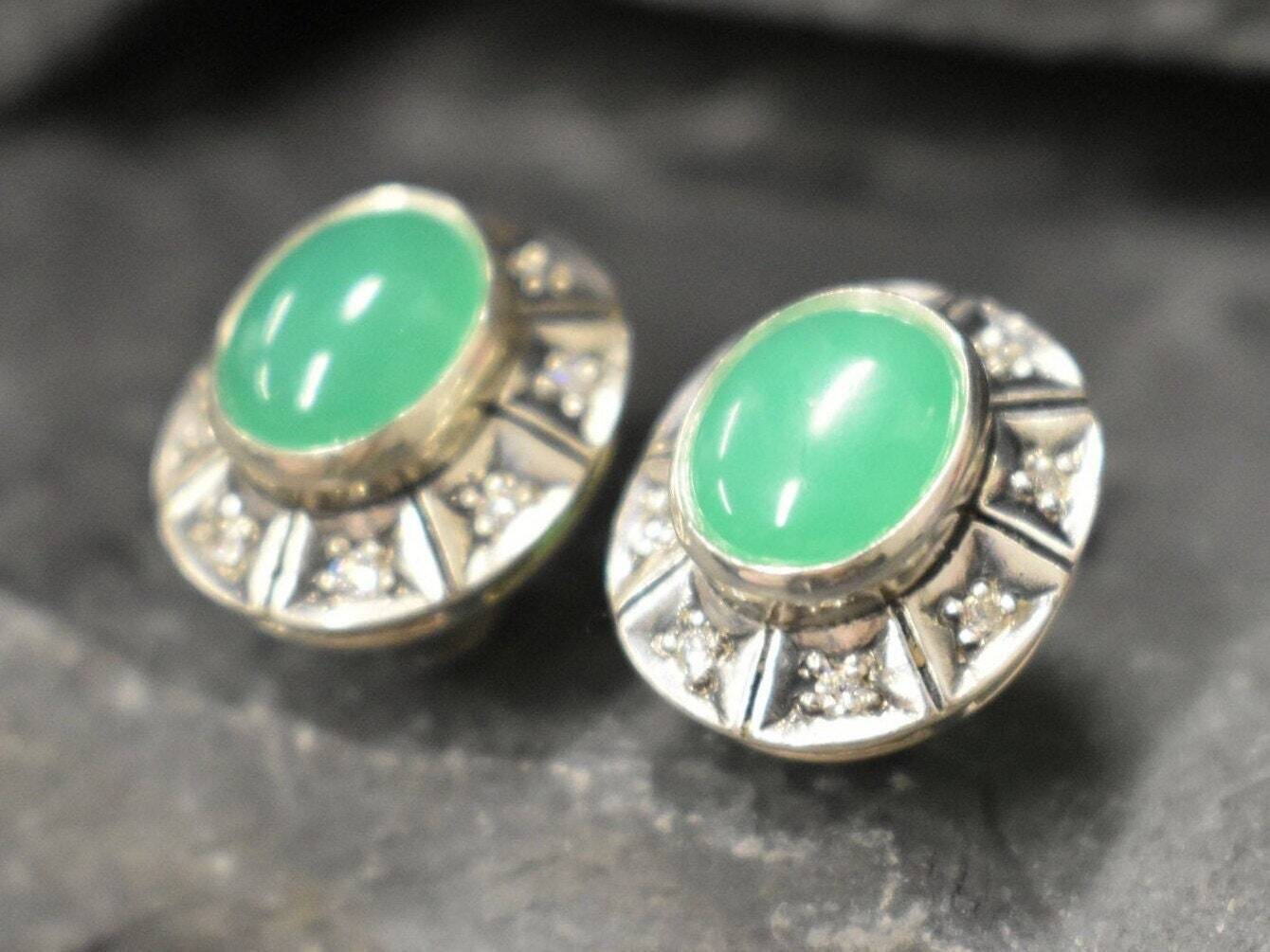 Chrysoprase Earrings, Natural Chrysoprase, Bohemian Earrings, Large Oval Studs, Green Boho Earrings,Vintage Earrings,Gift for Her,Green Stud