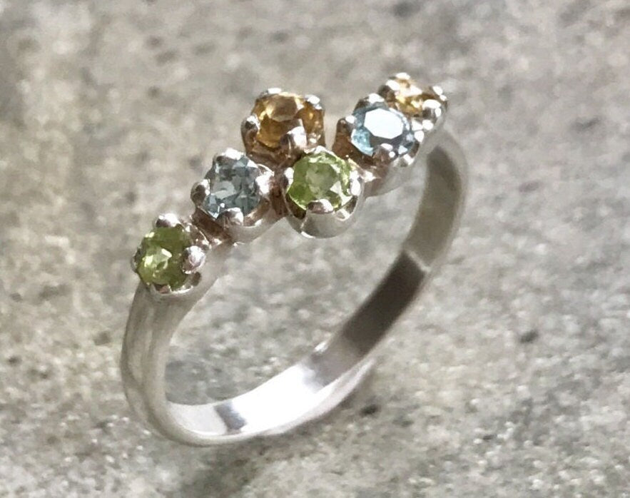 Natural Topaz Ring, Delicate Ring, Birthstones Ring, Mothers Birthstones, Citrine Ring, Peridot Ring, Blue Topaz Ring, Solid Silver Ring