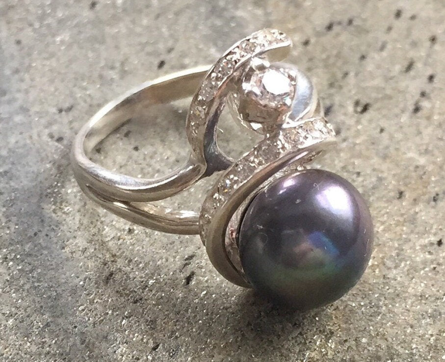 Black Pearl Ring, Natural Pearl, Chunky Ring, Pearl Ring, June Birthstone, Vintage Rings, Vintage Pearl Ring, Solid Silver Ring, Black Pearl