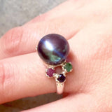 Vintage Black Pearl Ring - Multistone Ring - Natural Black Pearl Ring