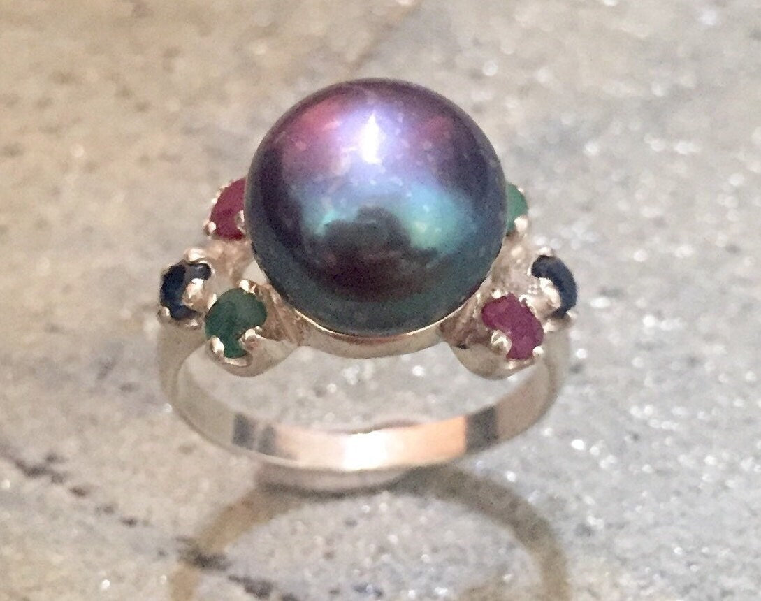 Black Pearl Ring, Natural Pearl, Emerald Ring, Vintage Rings, Antique Ring, Antique Emerald Ring, Sapphire Ring, Ruby Ring, Solid Silver
