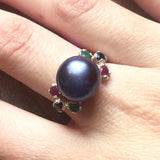 Vintage Black Pearl Ring - Multistone Ring - Natural Black Pearl Ring