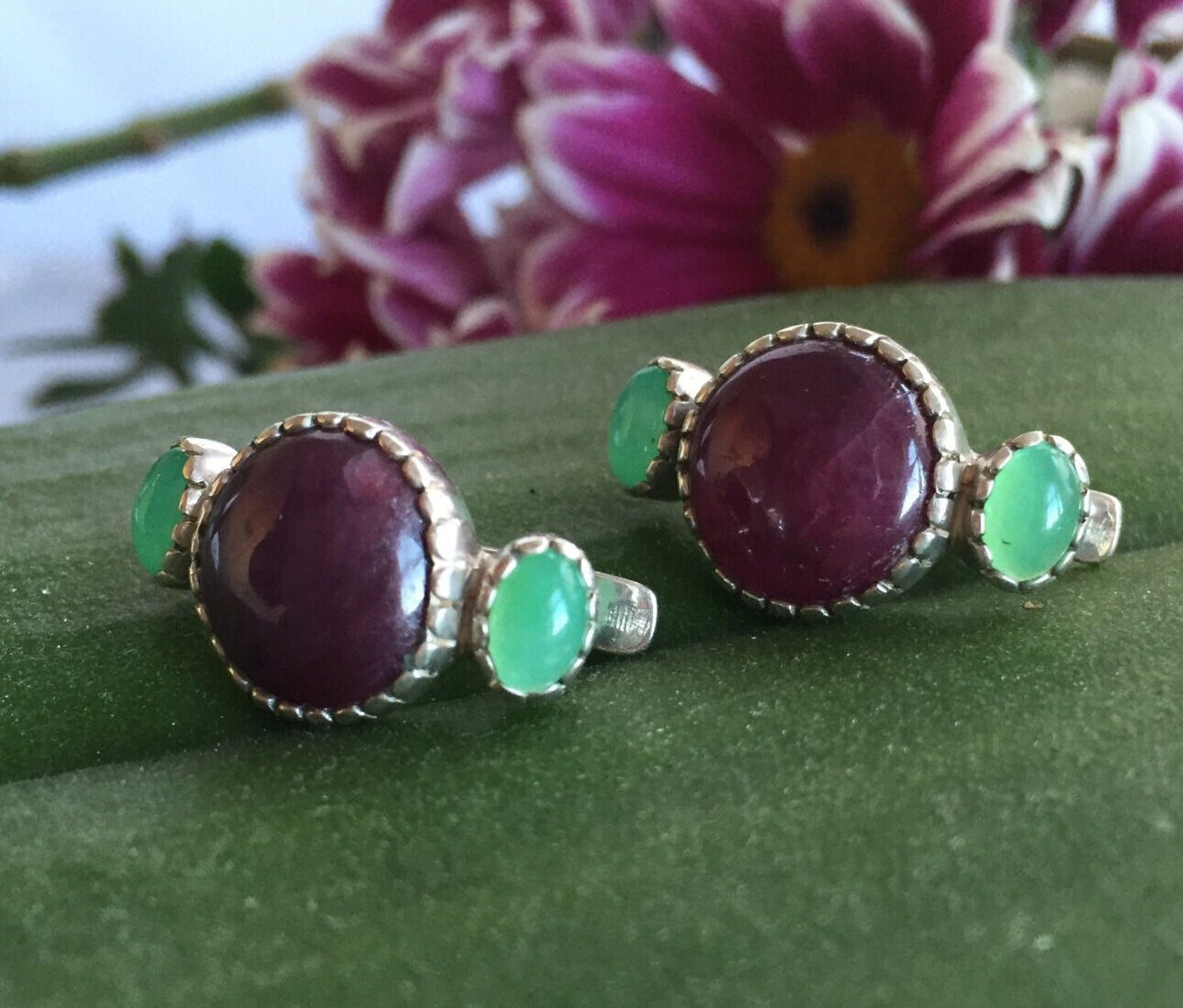 Natural Ruby Earrings made in 925 Sterling Silver with Round Natural Red Ruby in Three-Stone setting, July Birthstone gift idea, symbolizes nobility, purity, and passion, ideal for everyday wear and perfect for birthday gifting and special occasions.