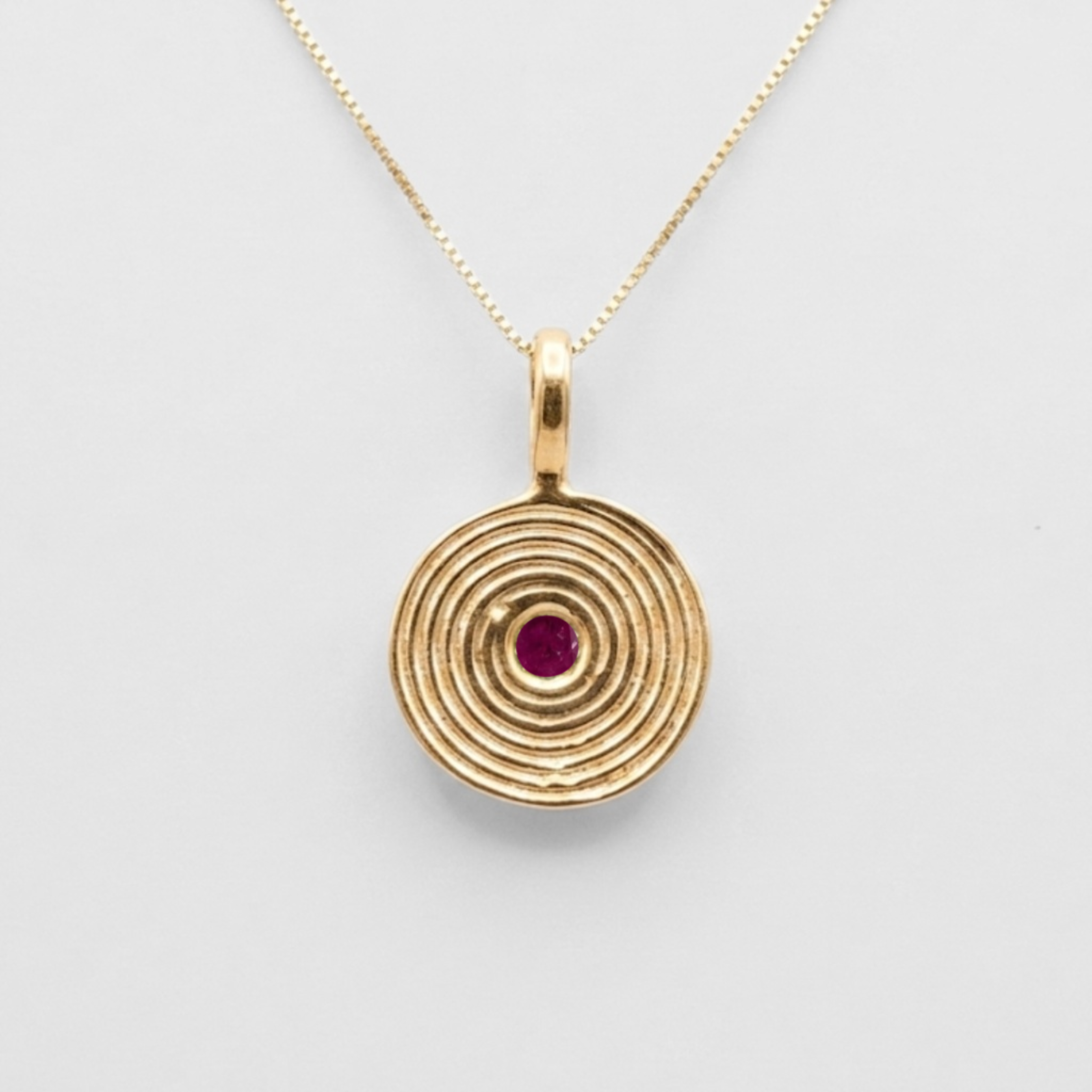 Bezel-set red ruby pendant in 18k gold vermeil on a fine chain, July birthstone and elegant everyday birthday gift