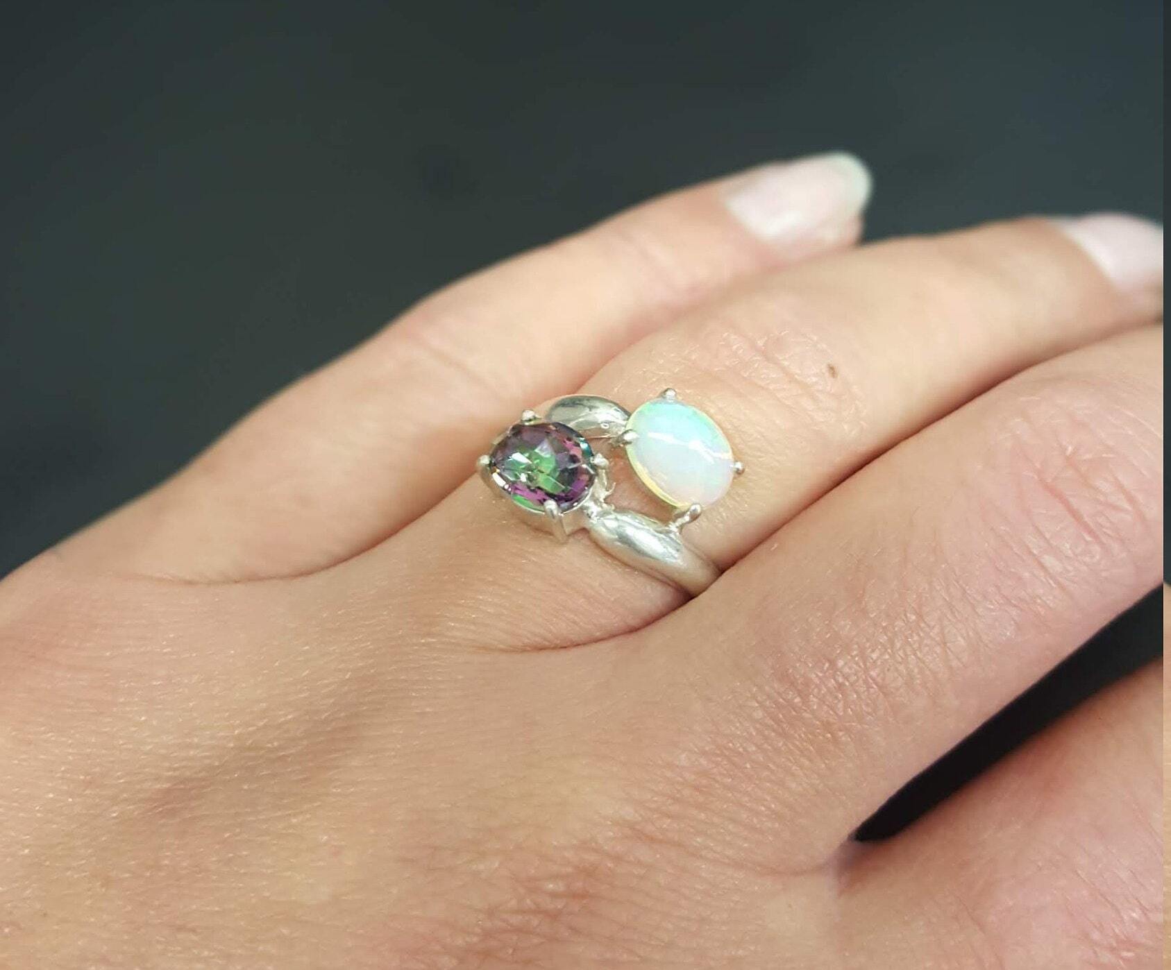Bypass Opal Ring, Natural Opal, Vintage Rings, Australian Opal, Natural Mystic Topaz, October and December Birthstone, Sterling Silver Ring
