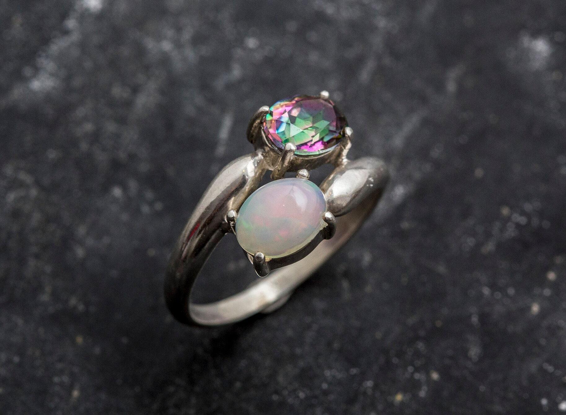 Bypass Opal Ring, Natural Opal, Vintage Rings, Australian Opal, Natural Mystic Topaz, October and December Birthstone, Sterling Silver Ring