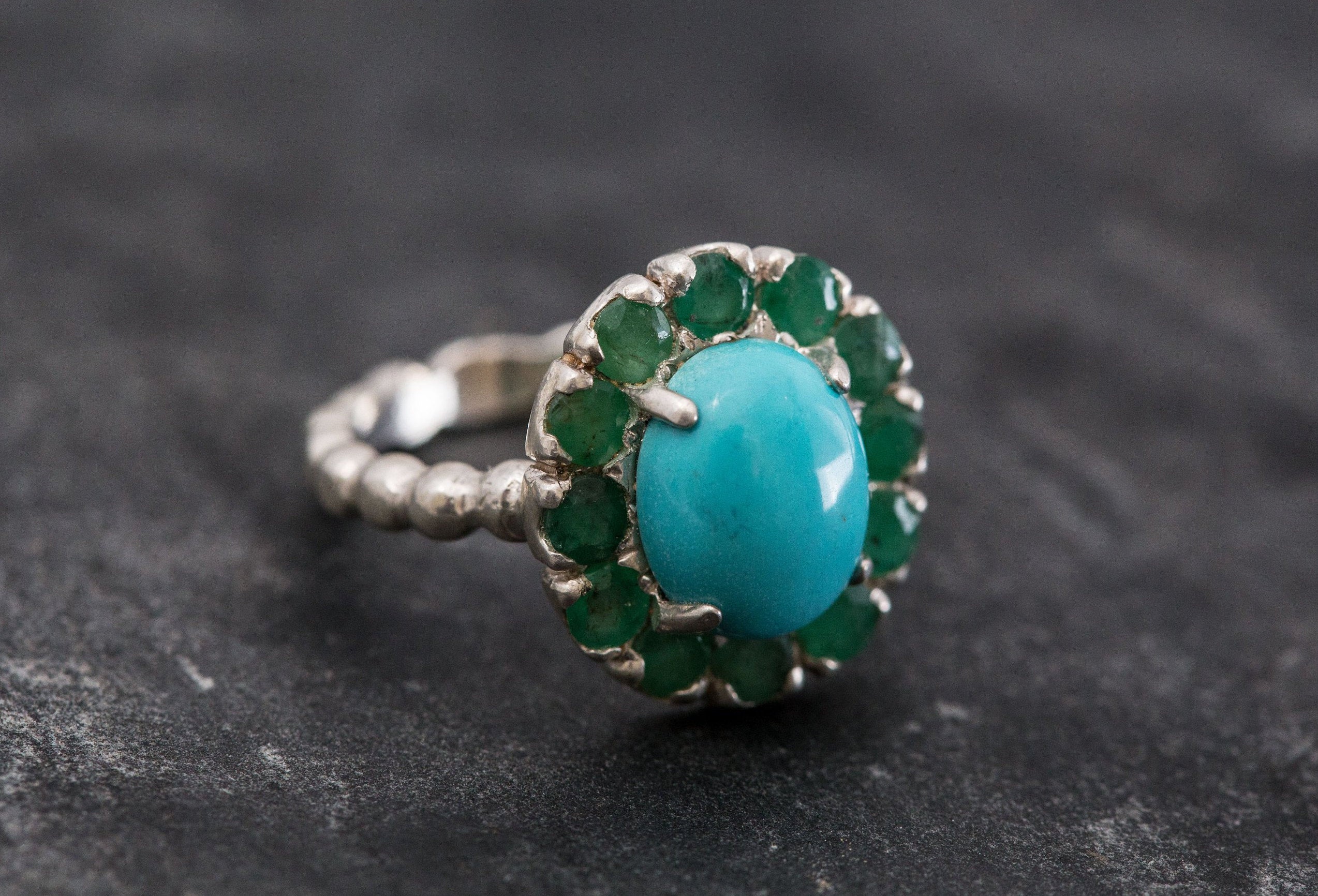 Victorian Ring, Natural Turquoise, Natural Emerald, Vintage Rings, Arizona Turquoise, December Birthstone, Solid Silver, Turquoise