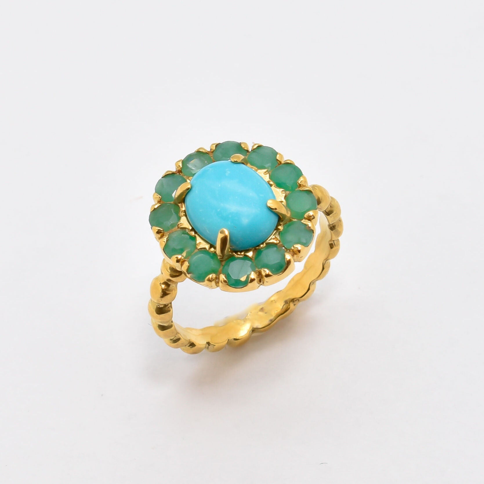 Natural Turquoise Ring made in 18k Gold Vermeil with Round Natural Blue Turquoise in Halo setting, December Birthstone gift idea, symbolizes Protection, Healing and Communaction, ideal for everyday wear and perfect for birthday gifting and special occasions.