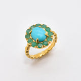 Natural Turquoise Ring made in 18k Gold Vermeil with Round Natural Blue Turquoise in Halo setting, December Birthstone gift idea, symbolizes Protection, Healing and Communaction, ideal for everyday wear and perfect for birthday gifting and special occasions.