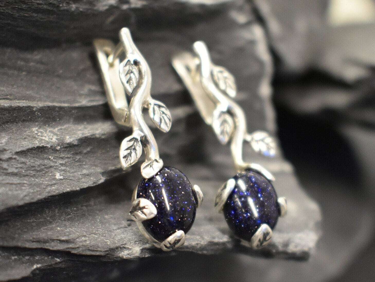 Sandstone Earrings, Natural Sandstone, Leaf Earrings, Vintage Earrings, Long Flower Earrings, Dainty Earrings, Solid Silver Earrings, Blue