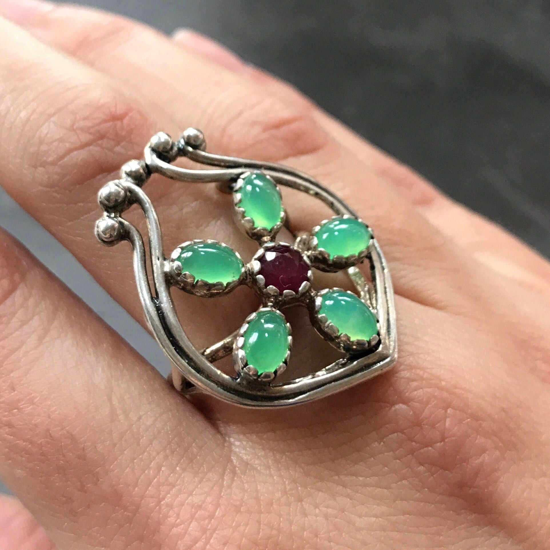 Green Flower Ring, Chrysoprase Ring, Ruby Ring, Unique Design, May birthstone, July Birthstone, Natural Stone, Flower Ring, Chrysoprase