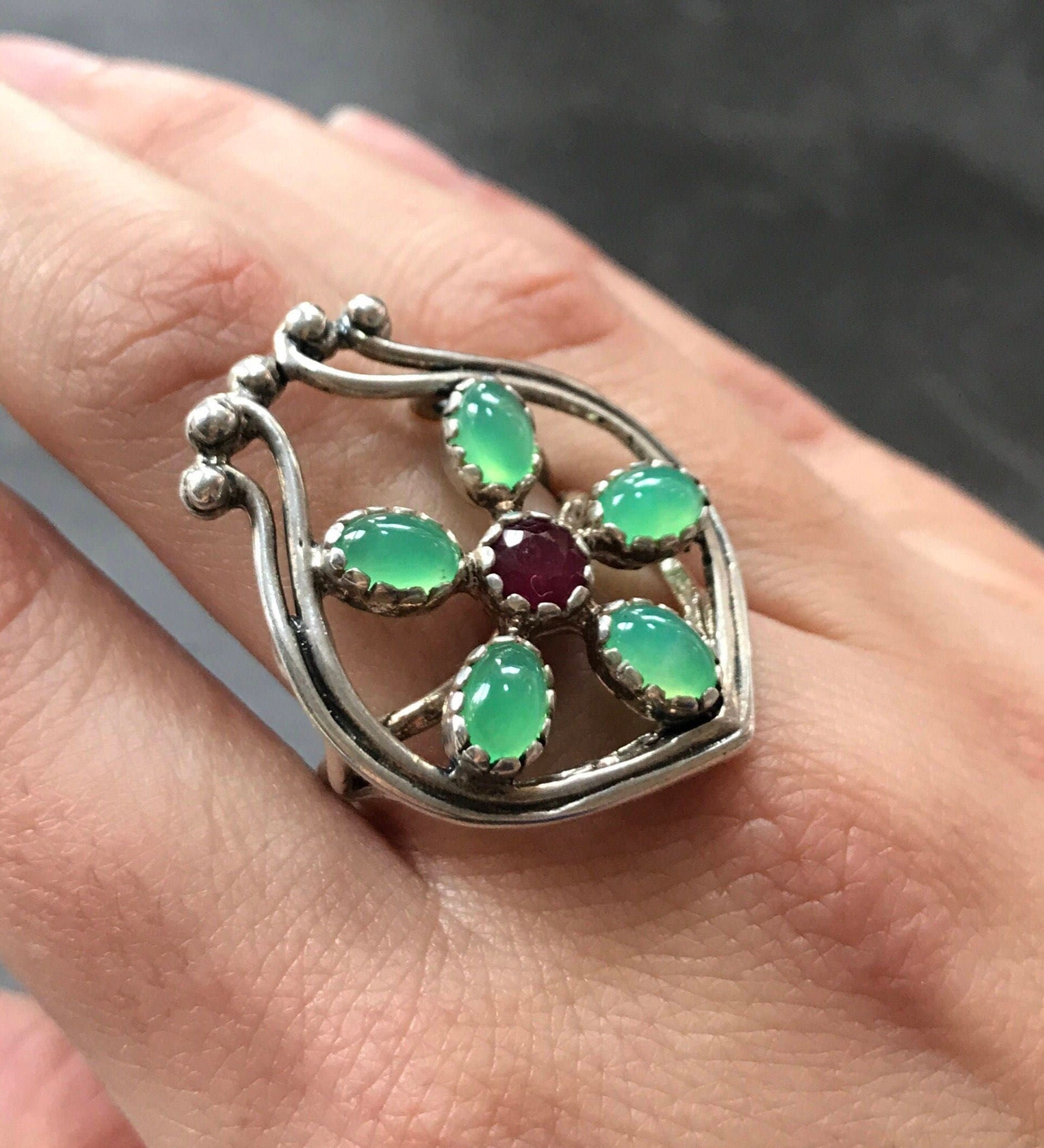 Green Flower Ring, Chrysoprase Ring, Ruby Ring, Unique Design, May birthstone, July Birthstone, Natural Stone, Flower Ring, Chrysoprase