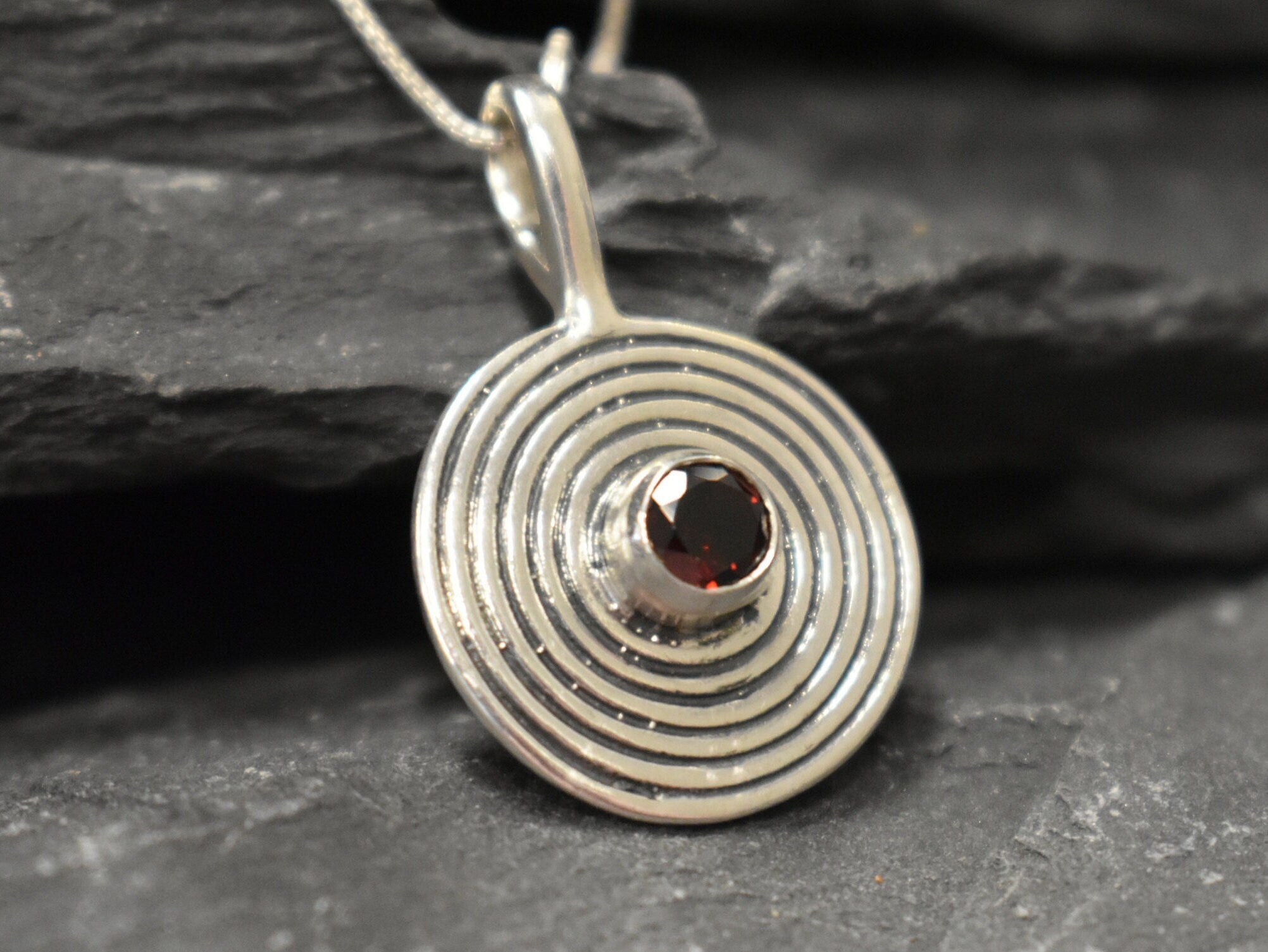 Garnet Pendant, Natural Garnet, January Birthstone, Infinity Pendant, Round Pendant, Red Vintage Pendant, Flat Pendant, Solid Silver Pendant