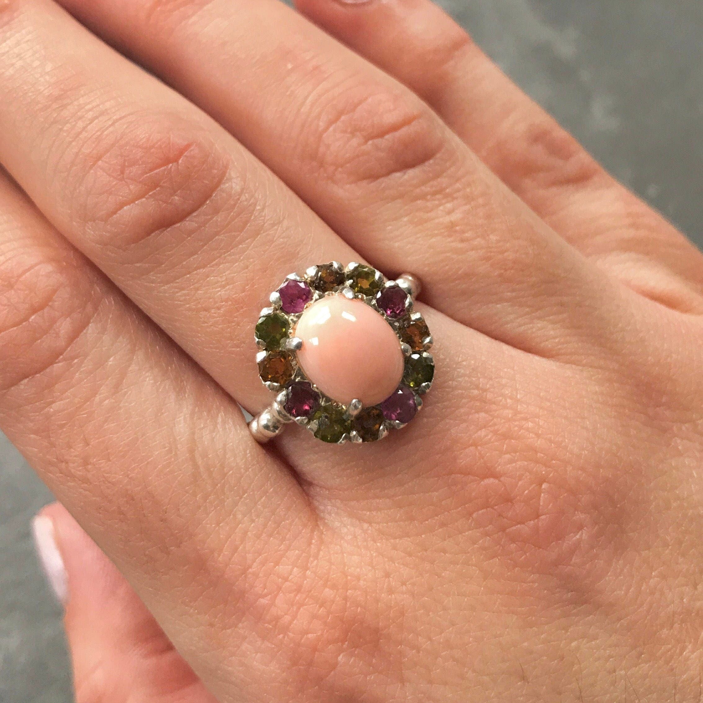 Pink Coral Ring, Natural Coral Ring, March Birthstone, Coral Ring, Vintage Ring, Tourmaline Rings, Multi Color Tourmaline, Solid Silver Ring